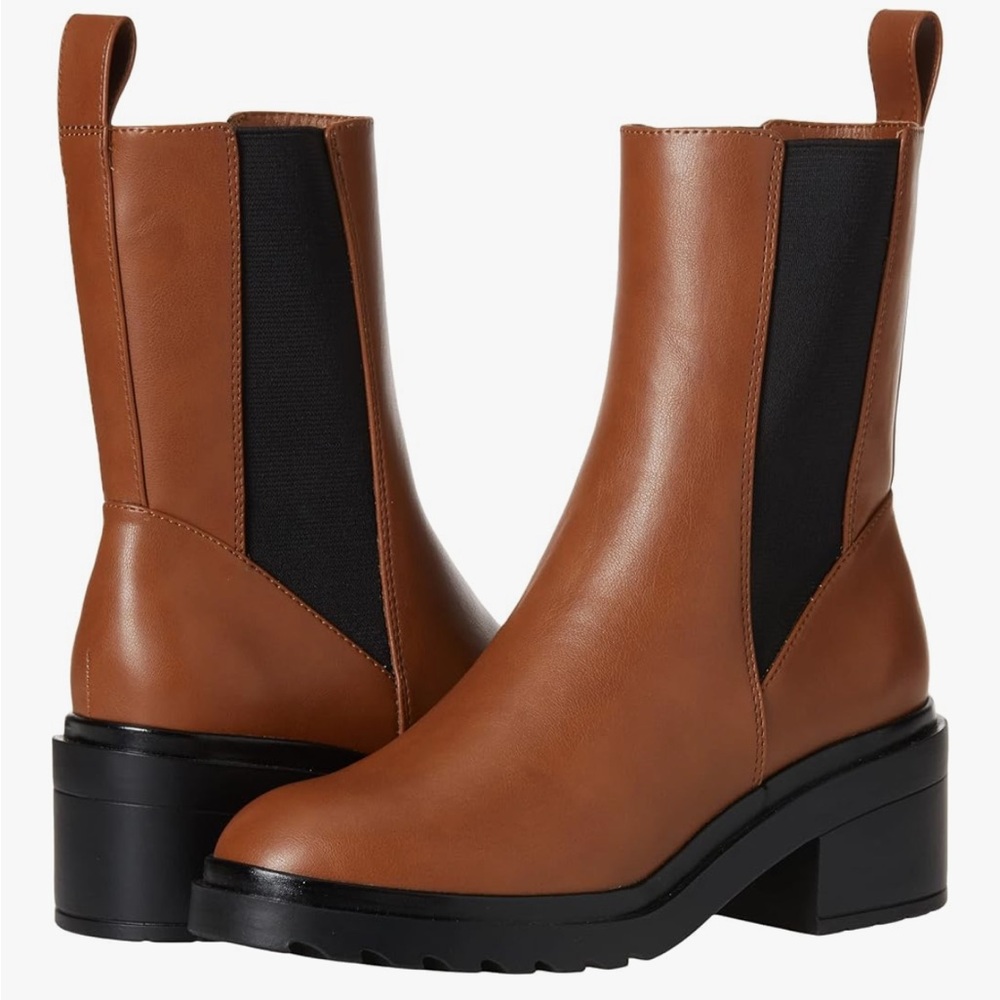 Women's Cognac Chelsea Block-Heel Boots with Elastic Panels